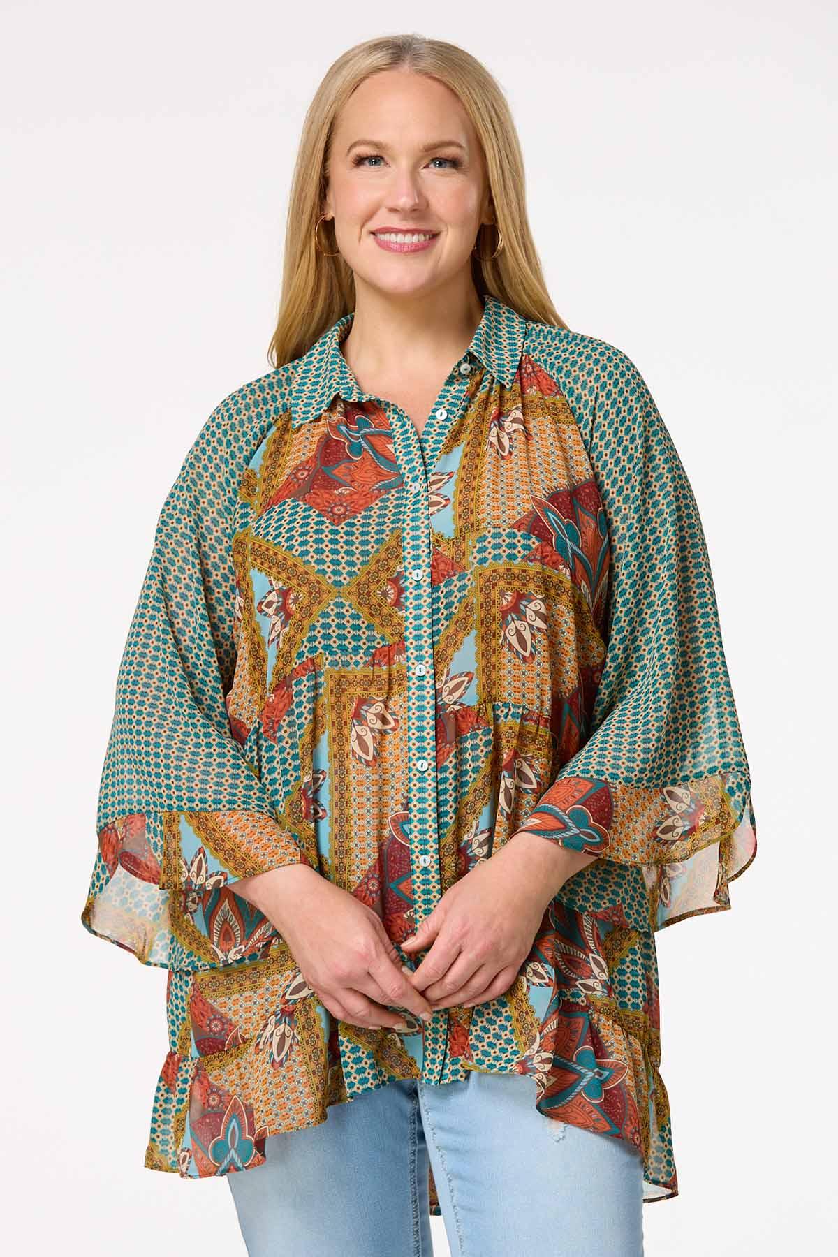 Plus Size Patchwork Flounced Trim Shirt