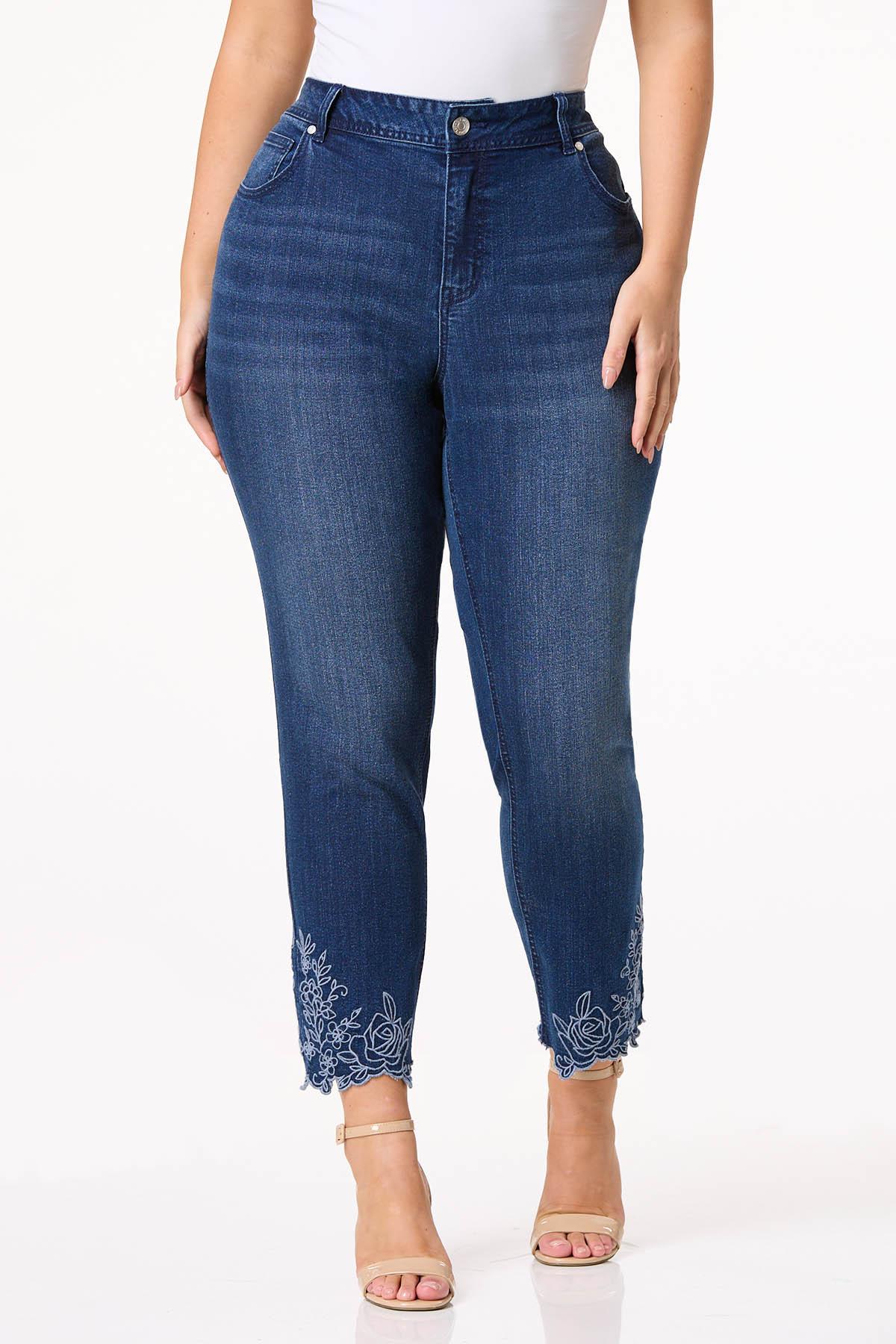 Plus Size Embroidered Hem Ankle Jeans