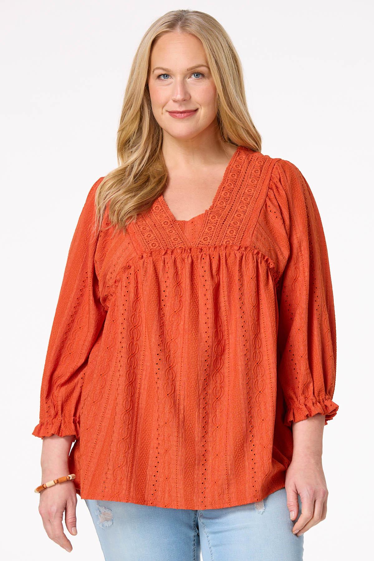 Plus Size Orange Lace Trim Babydoll Top