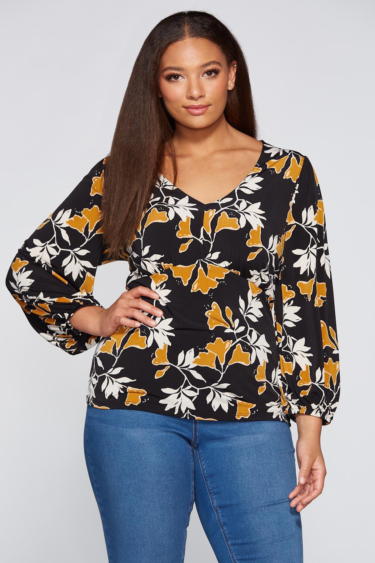 Plus Size Golden Floral Balloon Sleeve Top