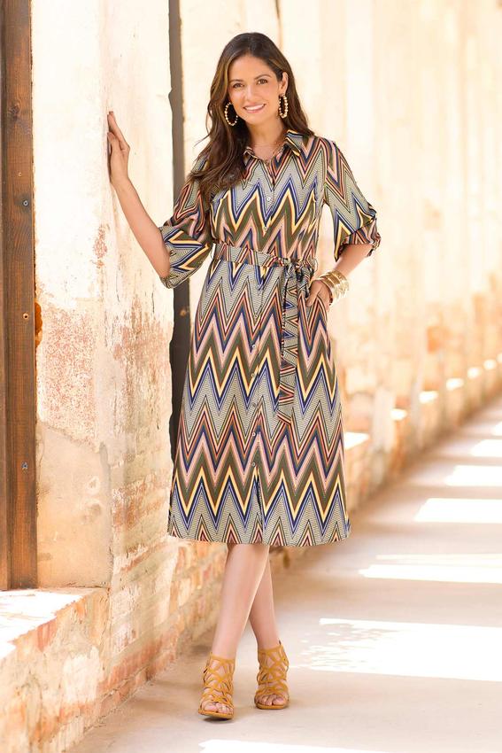 Chevron Tie Waist Shirt Dress