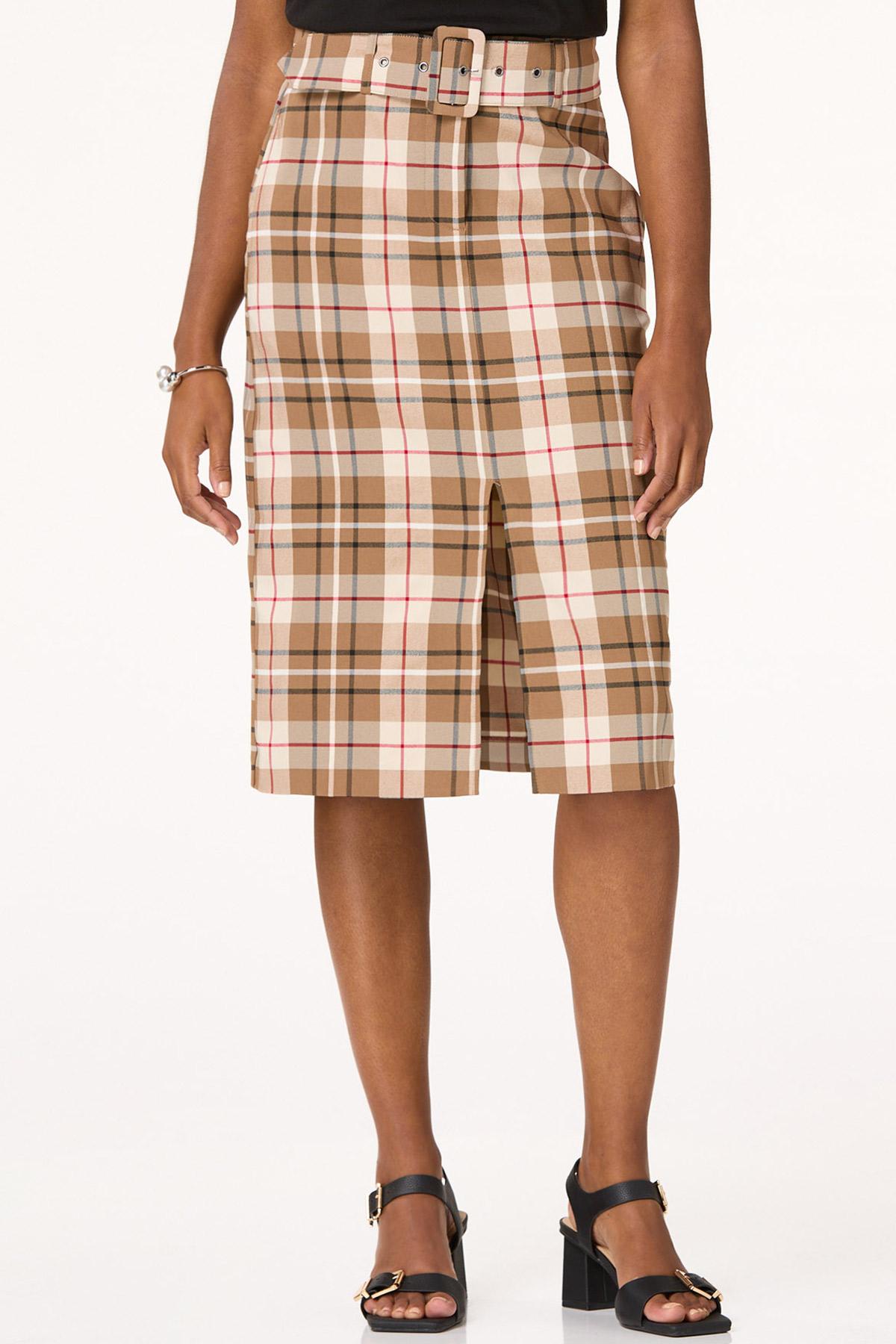 Belted Plaid Pencil Skirt