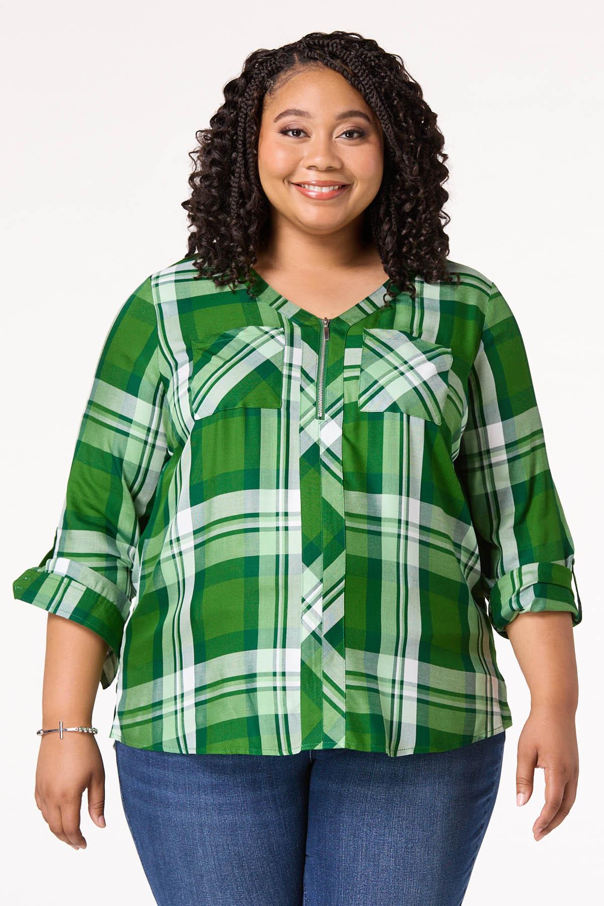 Plus Size Plaid Zip Front Equipment Top