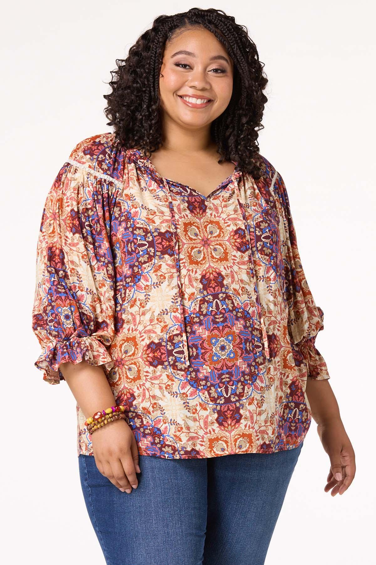 Plus Size Ruffled Medallion Poet Top