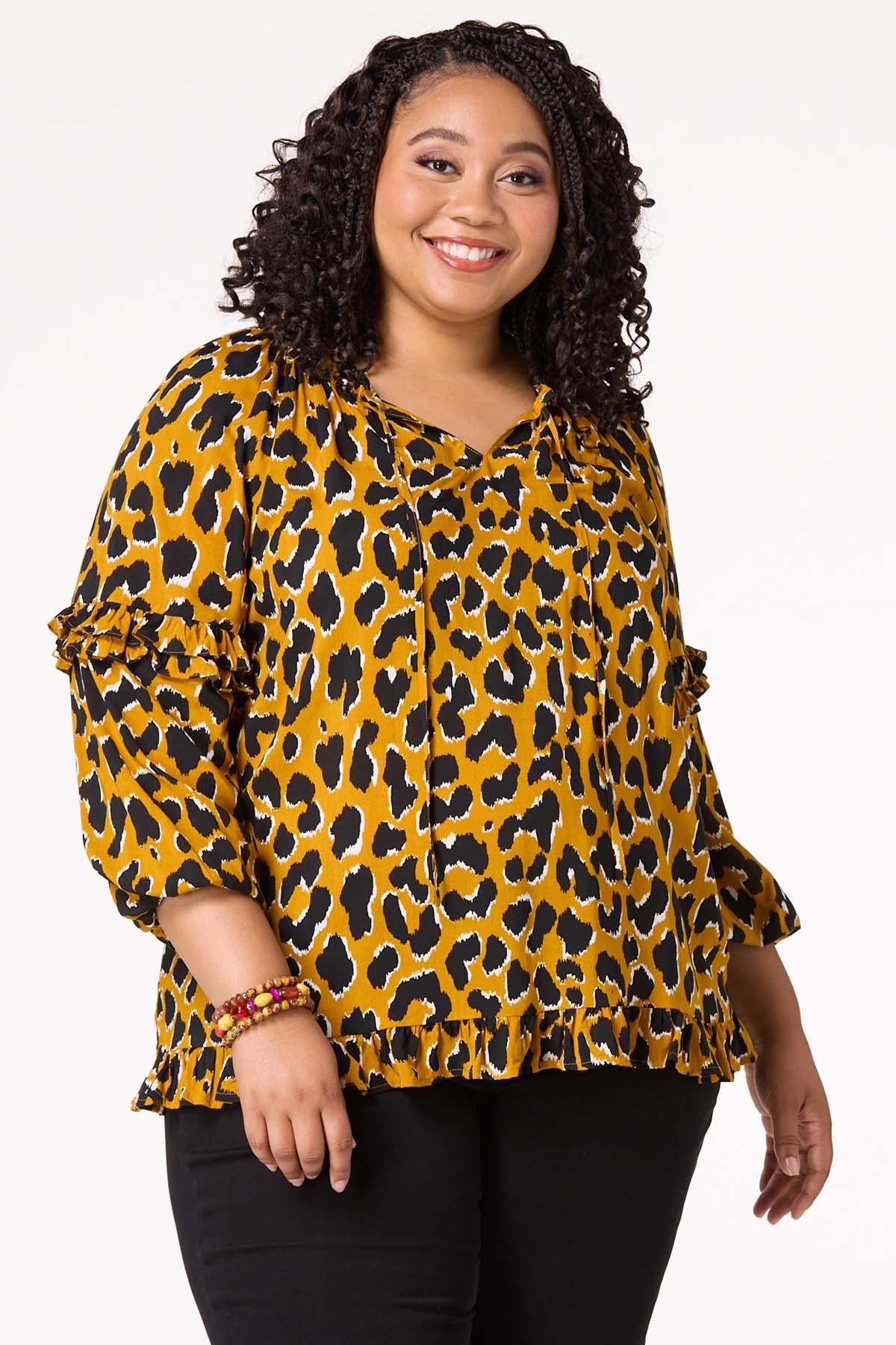 Plus Size Spotted Ruffled Trim Top