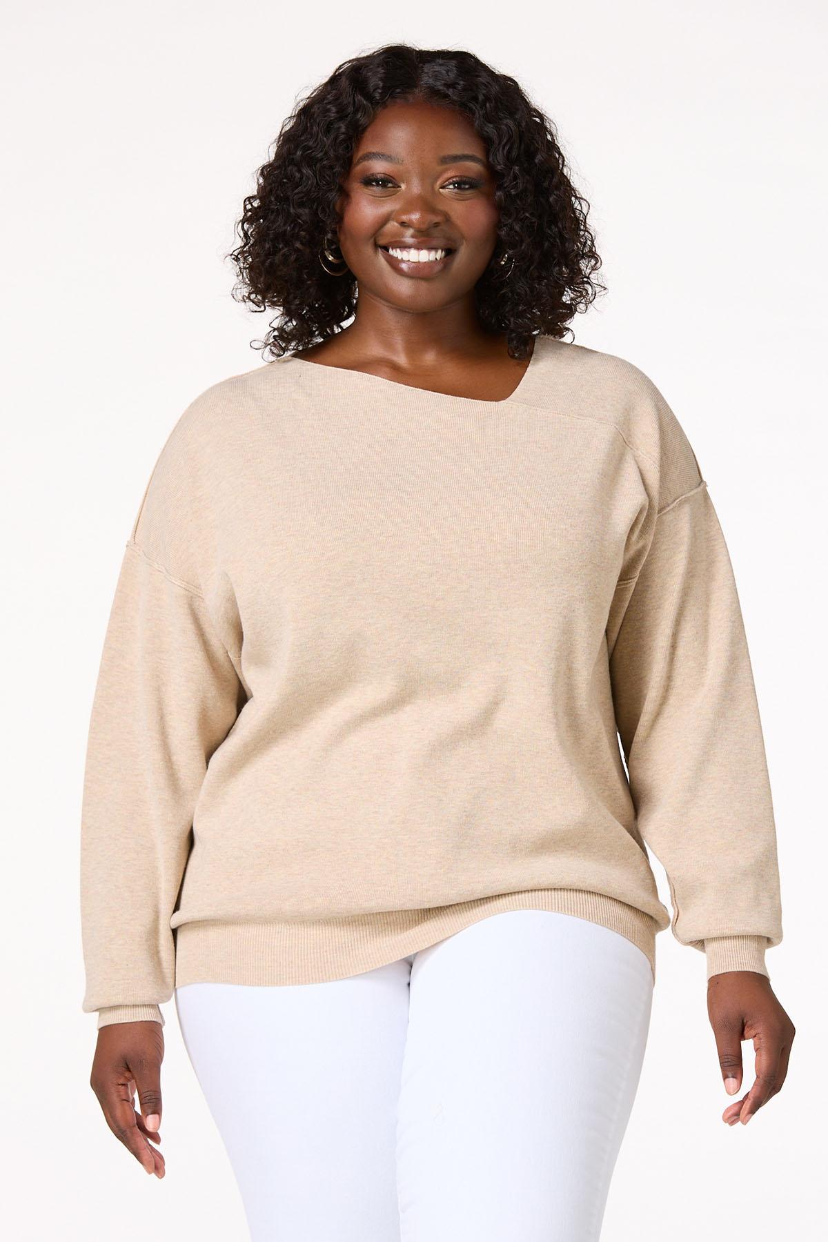 Plus Size Natural Asymmetrical V-Neck Sweater