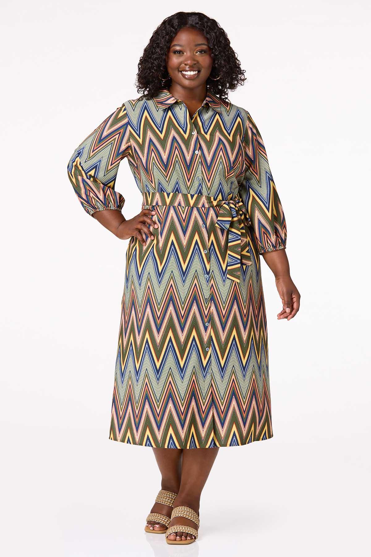 Plus Size Chevron Tie Waist Shirt Dress