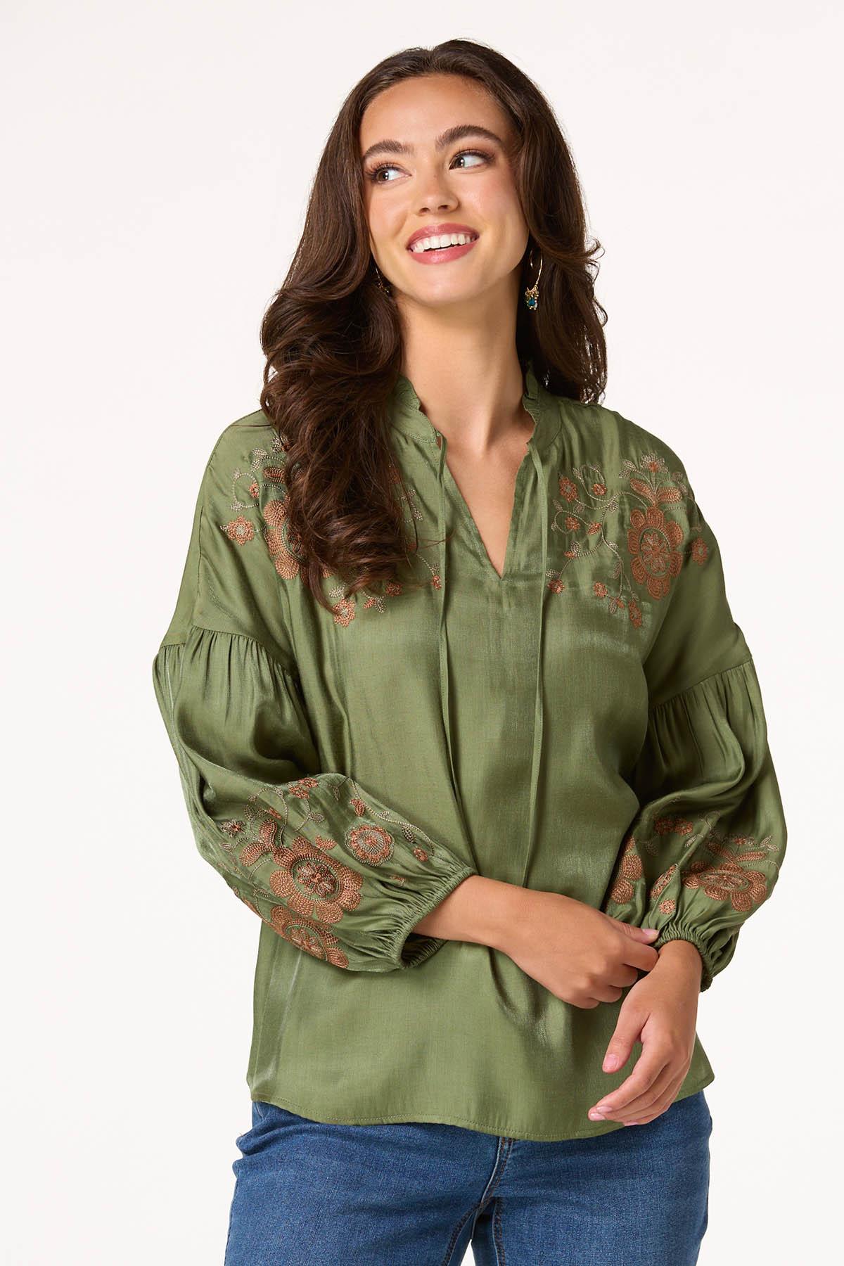 Olive Embroidered Balloon Sleeve Top