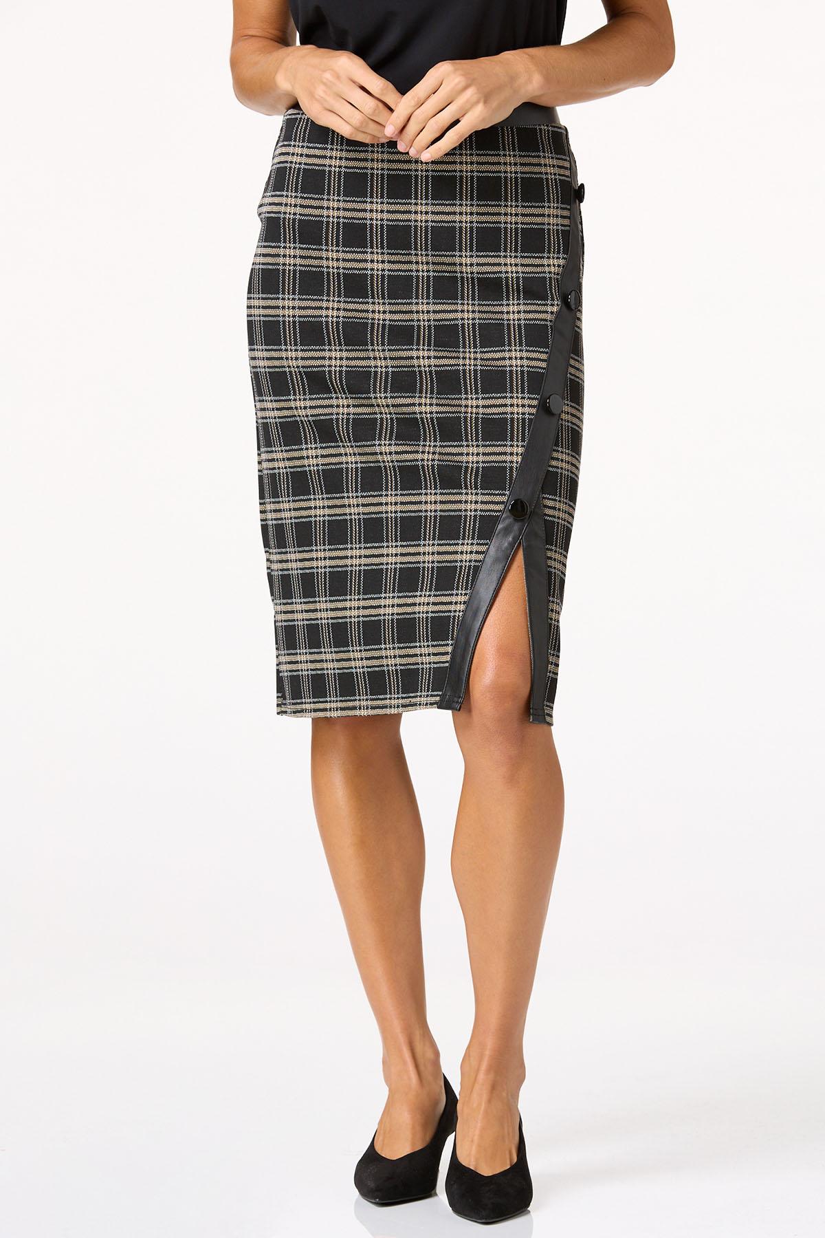 Plaid Faux Leather Trim Pencil Skirt