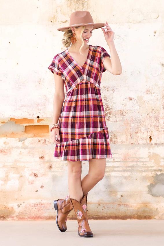 Textured Plaid Babydoll Dress