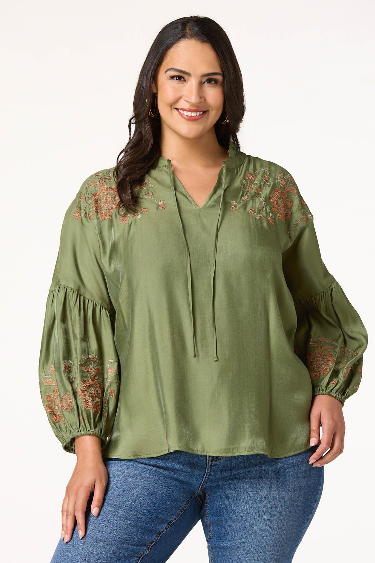 Plus Size Olive Embroidered Balloon Sleeve Top