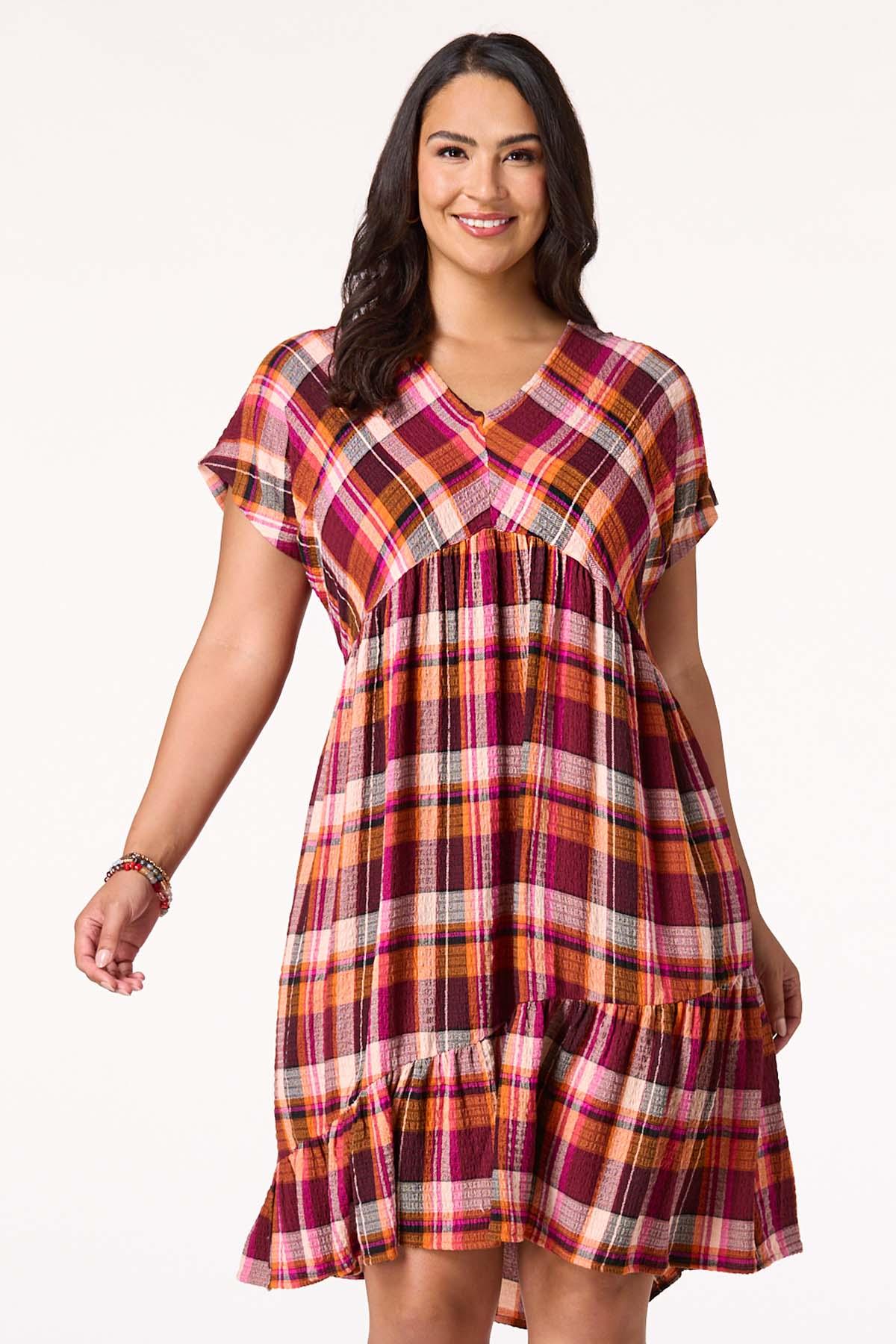 Plus Size Textured Plaid Babydoll Dress