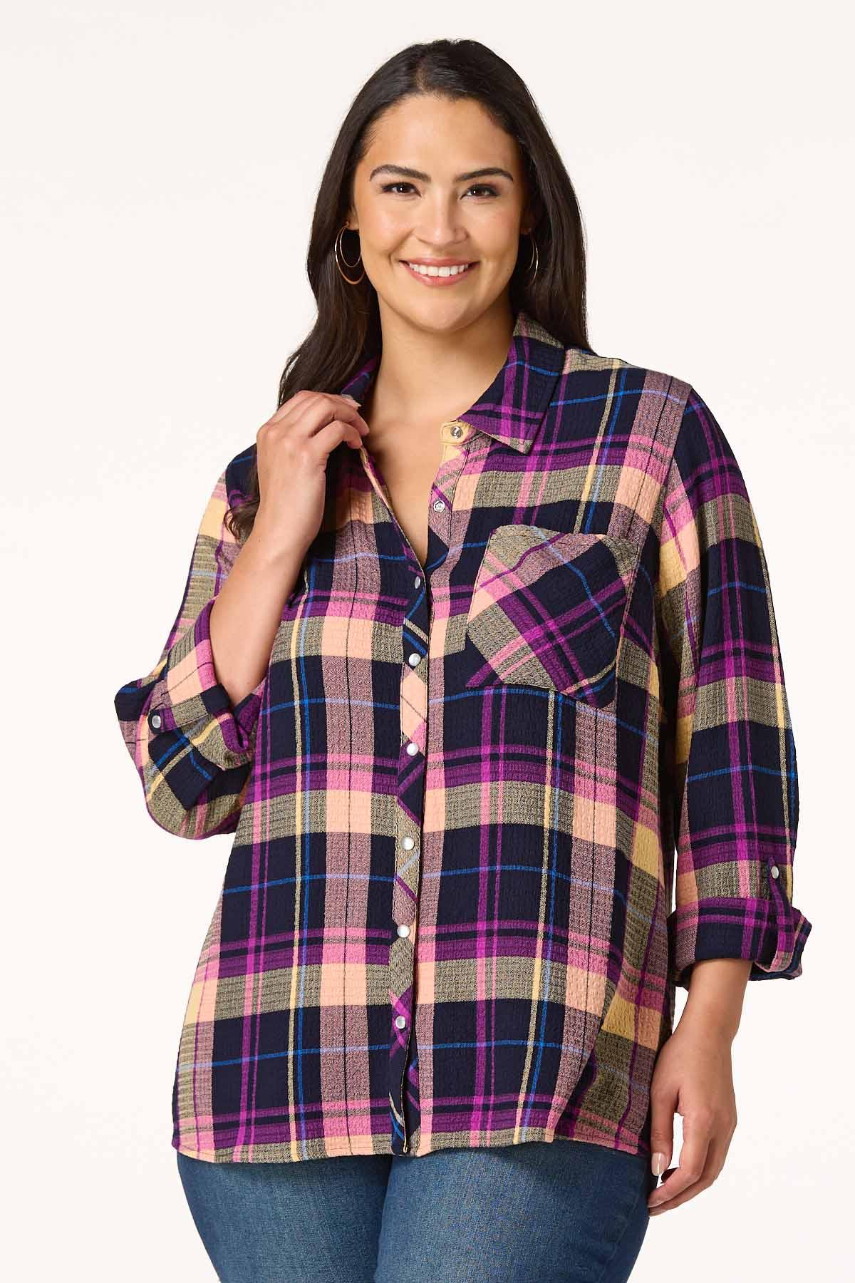 Plus Size Waffled Berry Plaid Shirt