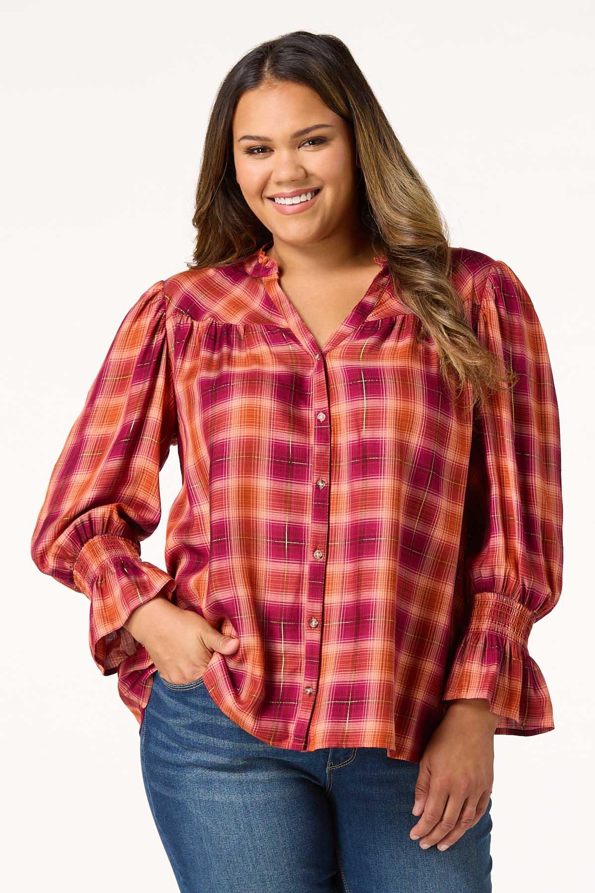 Plus Size Ruffled Plaid Top