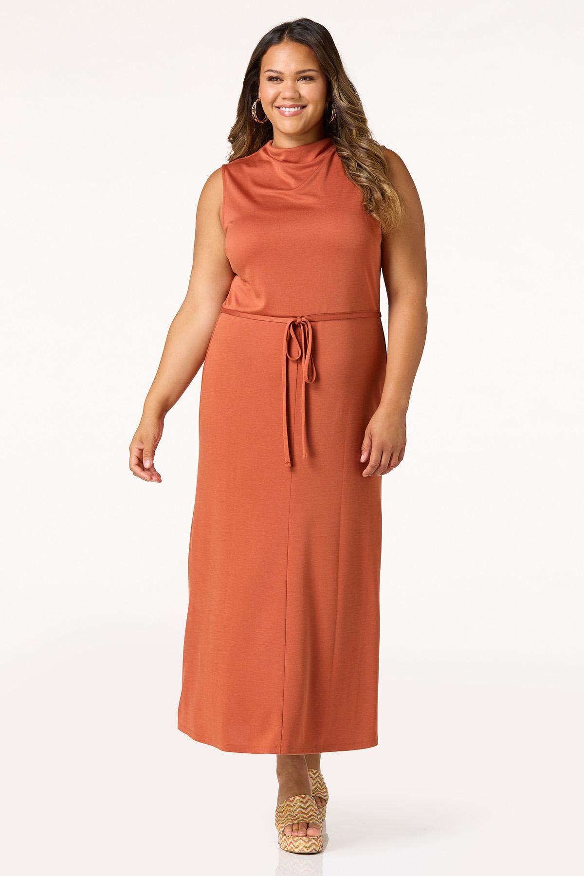 Plus Size Funnel Neck Tie Waist Midi Dress