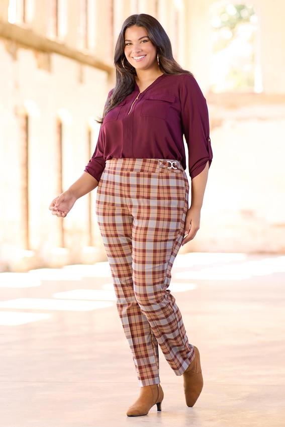 Plus Size Slim Plaid Pants