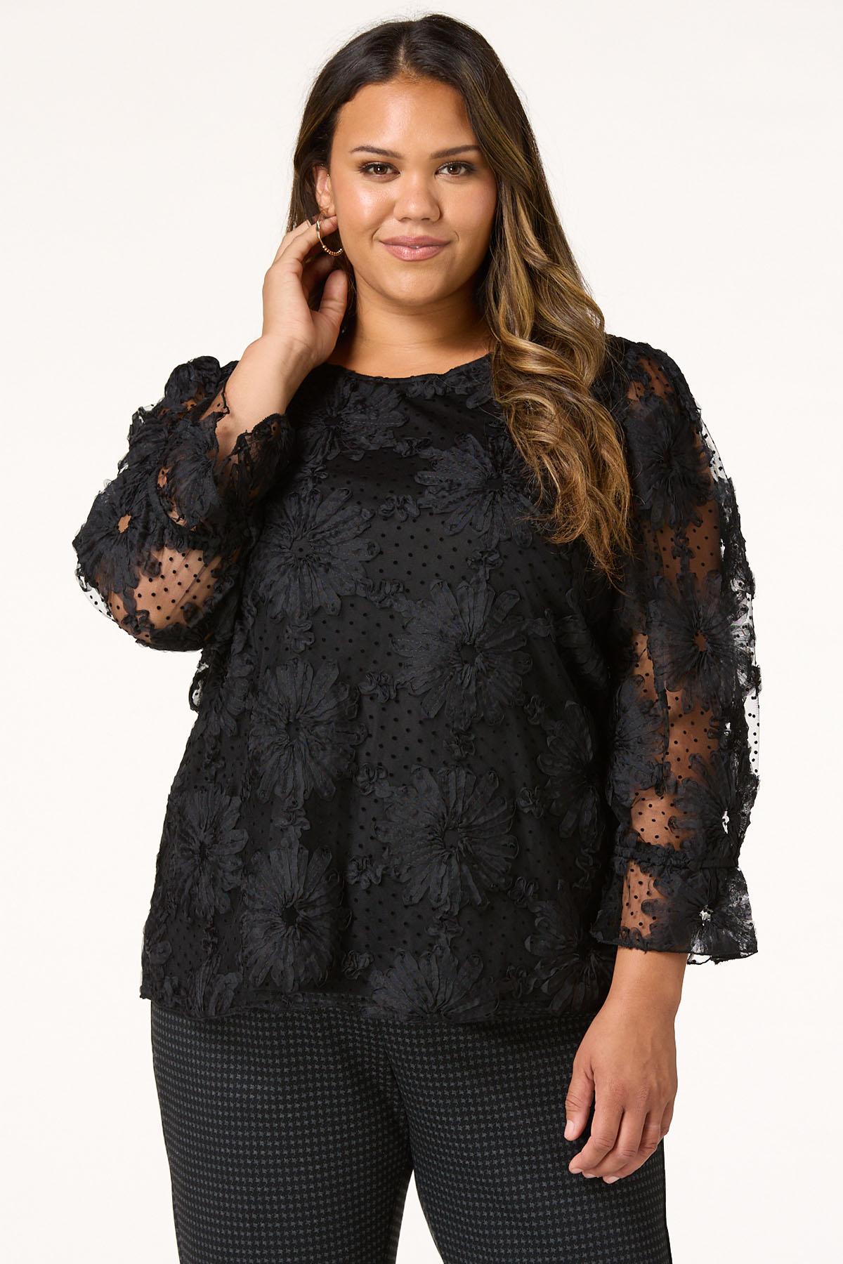 Plus Size Textured Floral Mesh Top