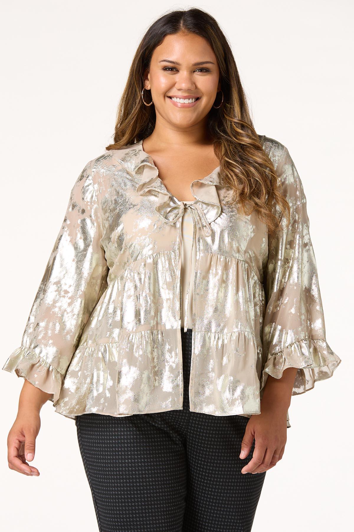 Plus Size Ruffled Metallic Tie Top