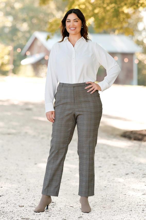 Plus Size Brown Plaid Slim Pants