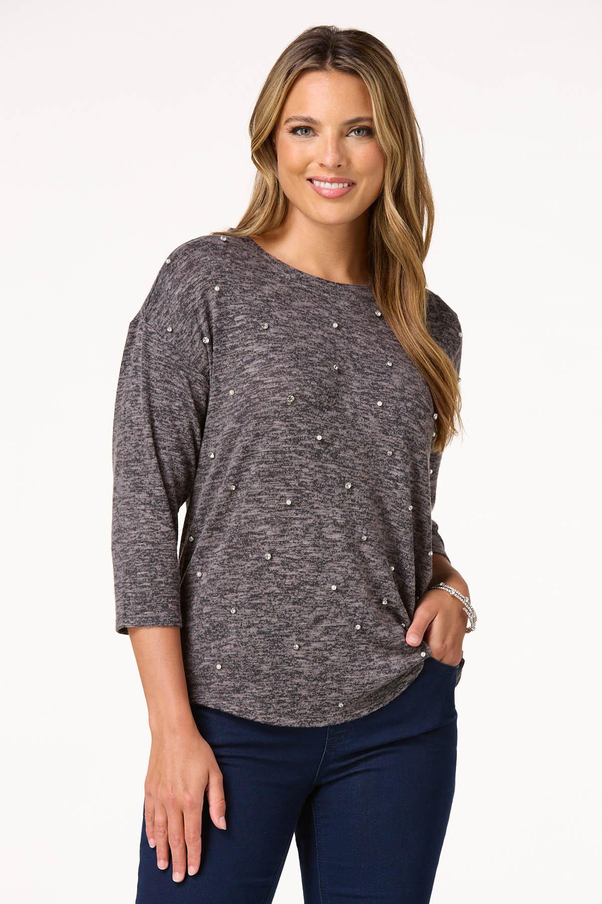 Marled Rhinestone Pearl Top