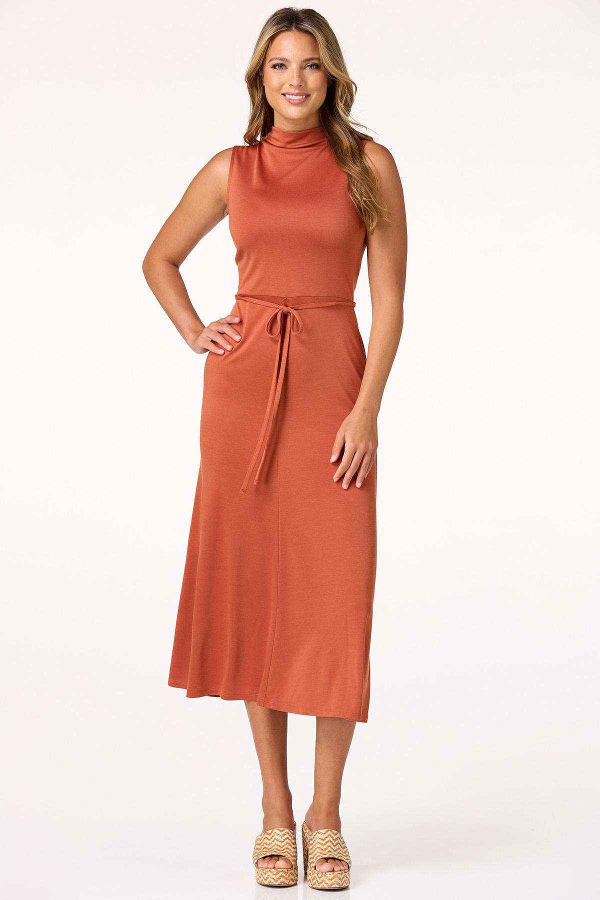 Funnel Neck Tie Waist Midi Dress