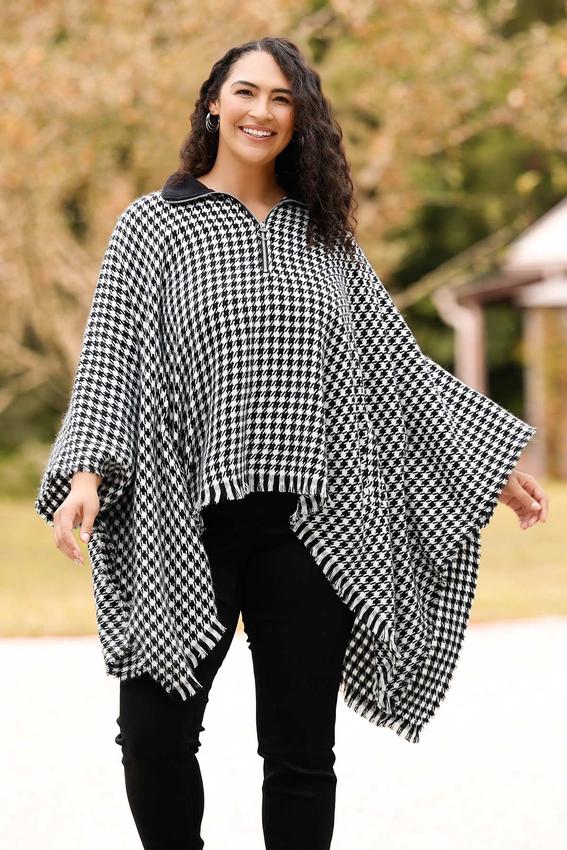 Zip Front Houndstooth Poncho