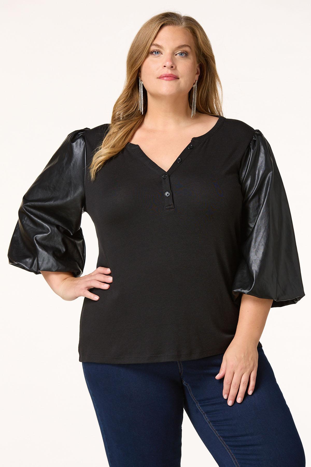 Plus Size Faux Leather Puff Sleeve Henley Top