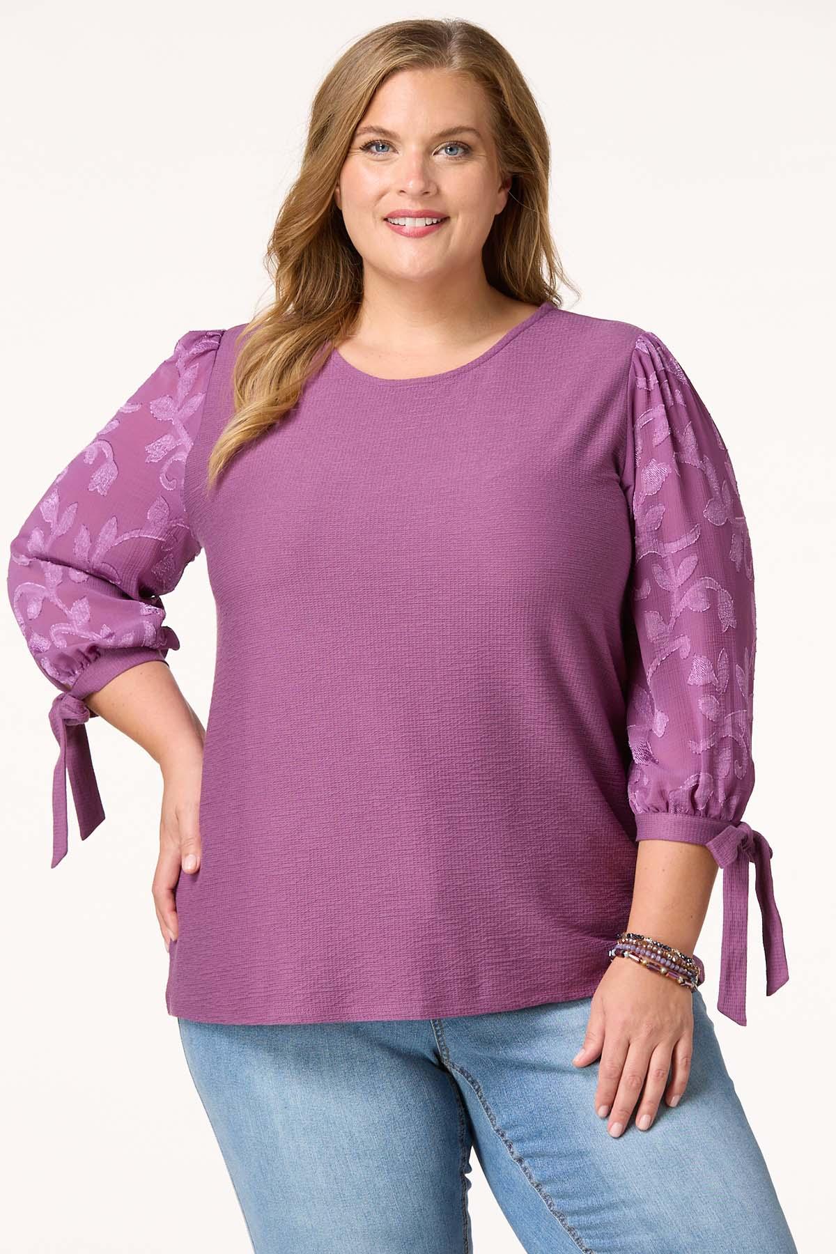 Plus Size Textured Floral Tie Sleeve Top