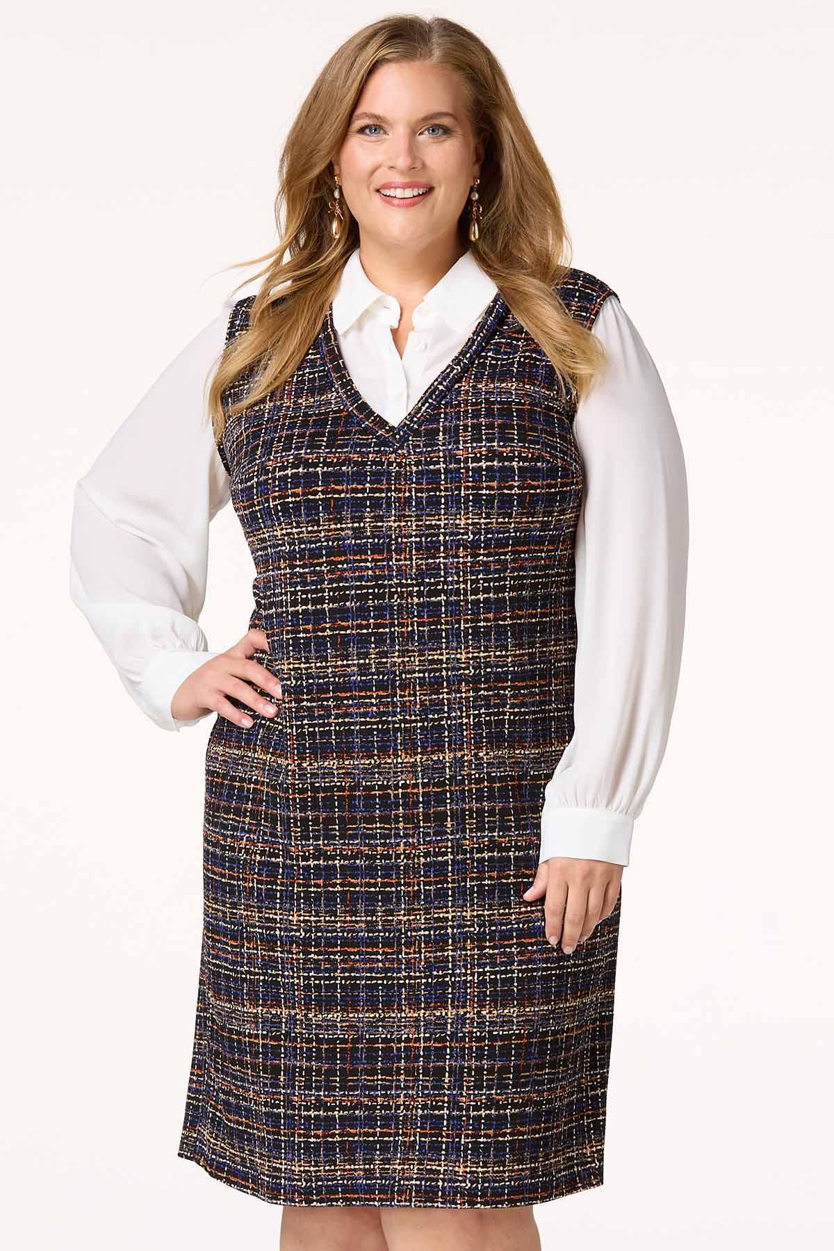 Plus Size Layered Plaid Printed Tweed Dress