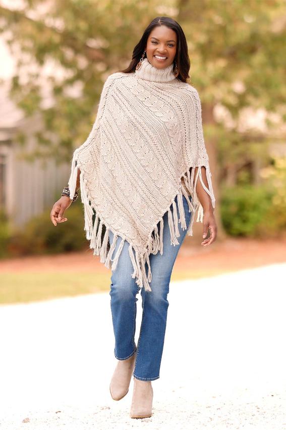 Knit Turtleneck Fringe Poncho