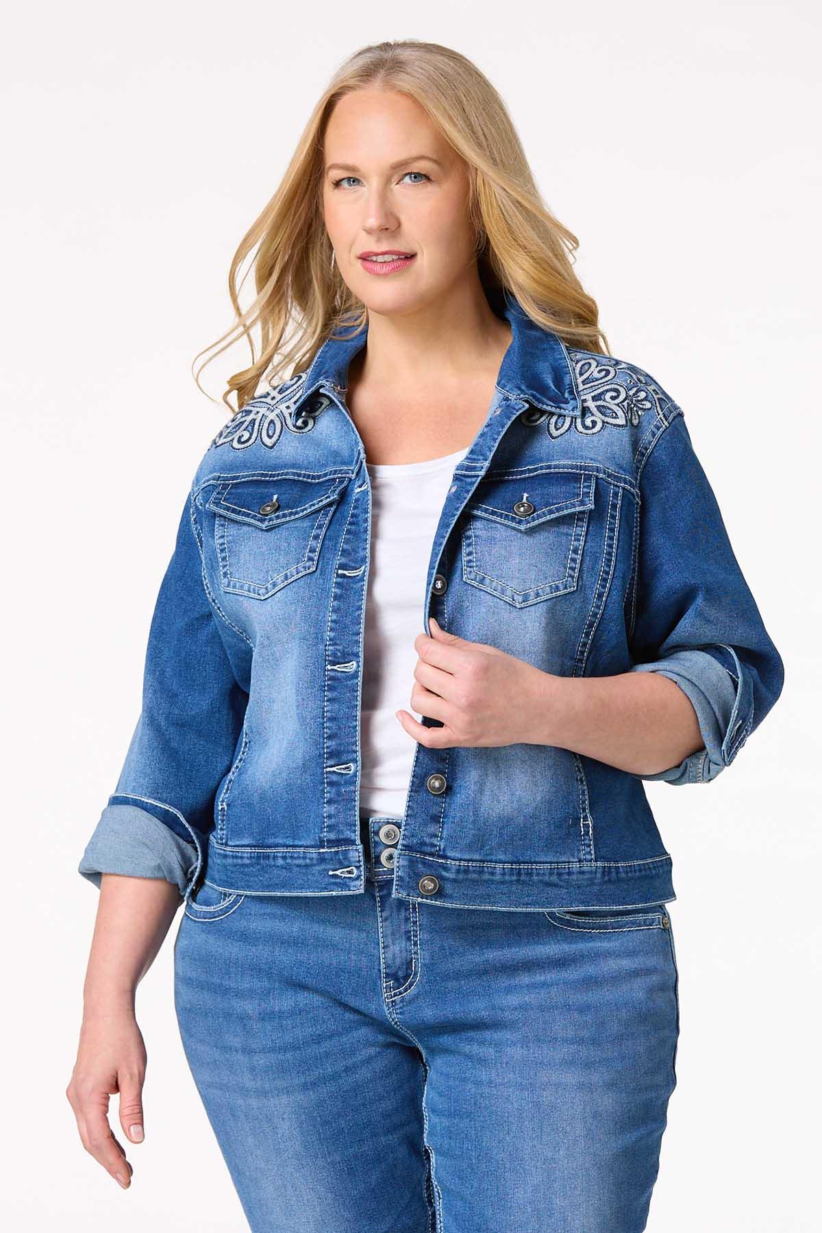 Plus Size Embellished Swirl Denim Jacket