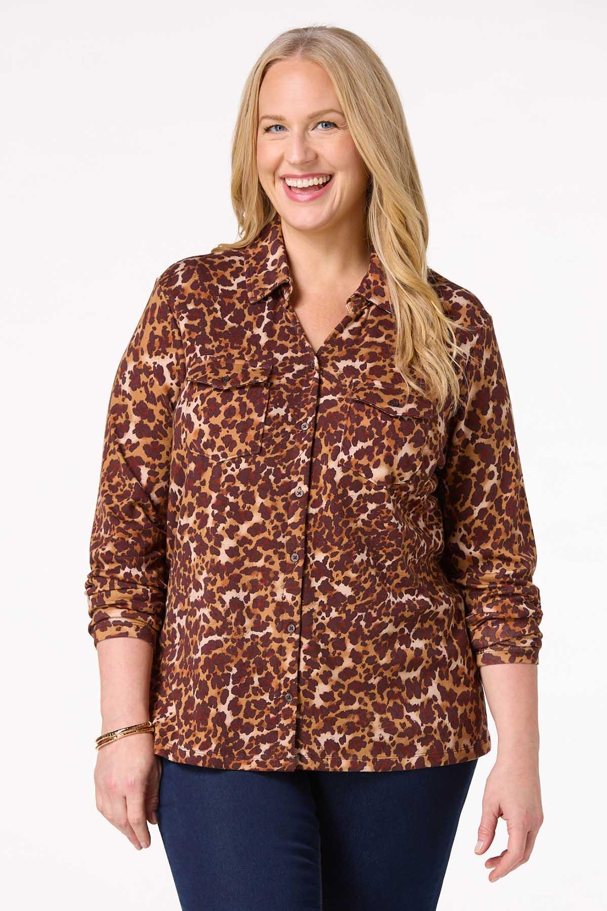 Plus Size Animal Print Front Pocket Shirt