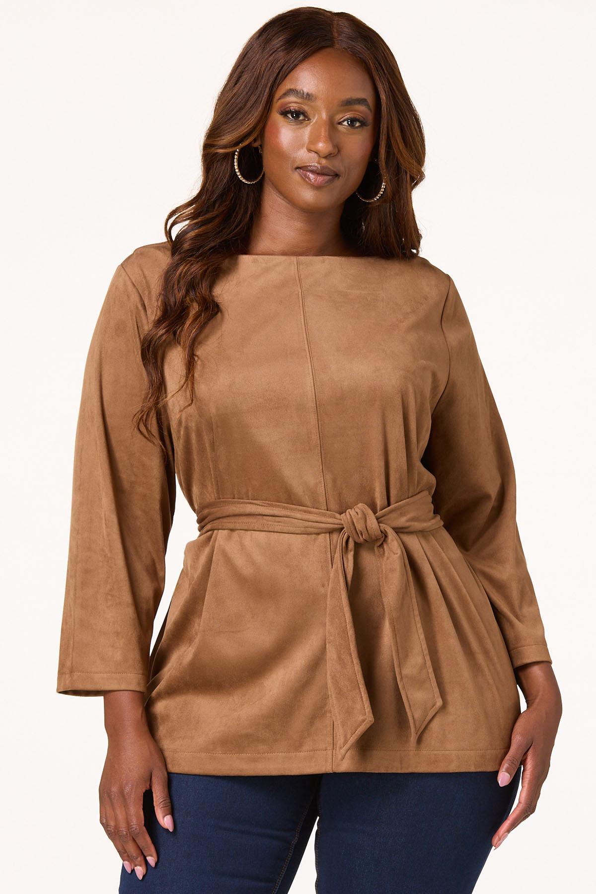 Plus Size Belted Faux Suede Top