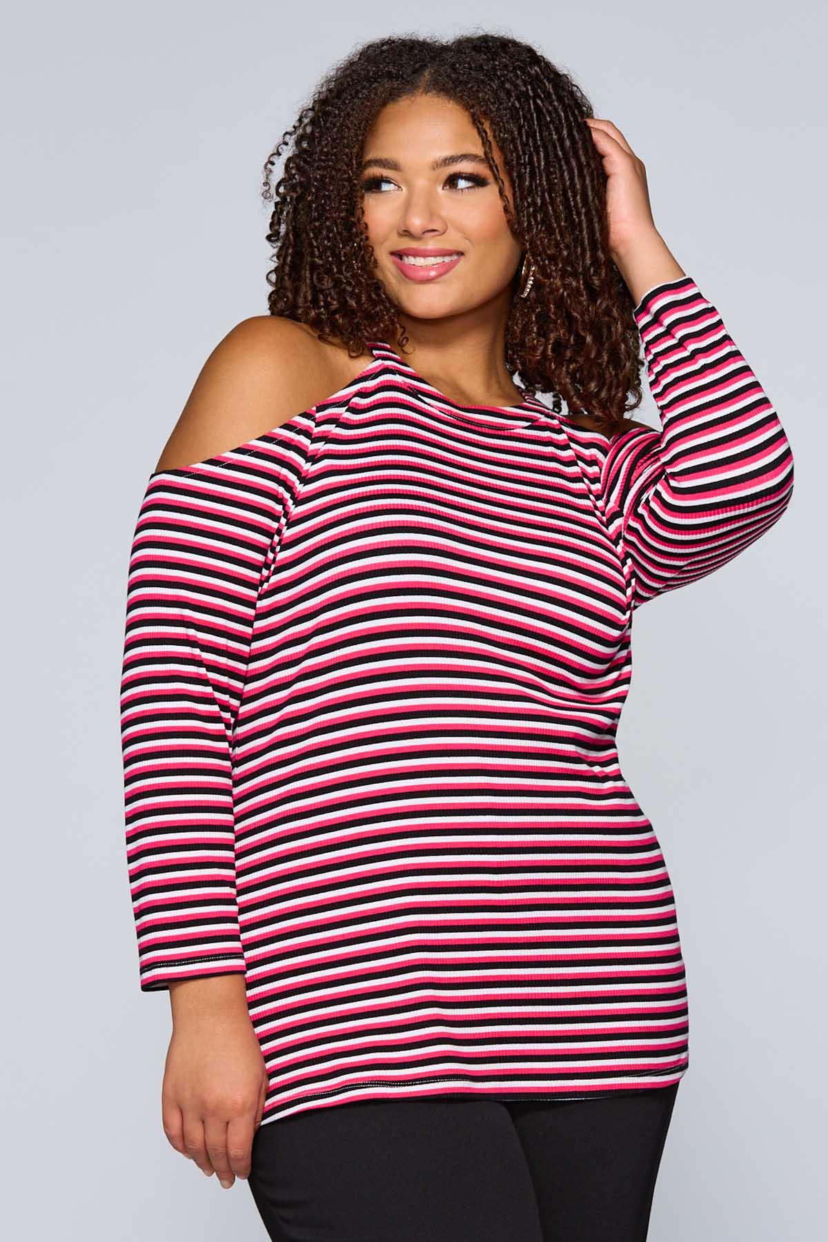 Plus Size Contour Stripe Cold Shoulder Top