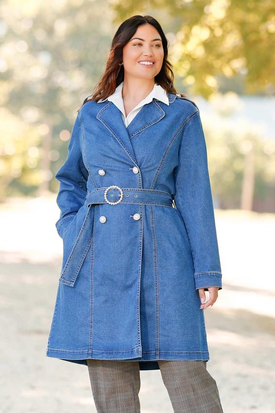 Plus Size Denim Trench Jacket