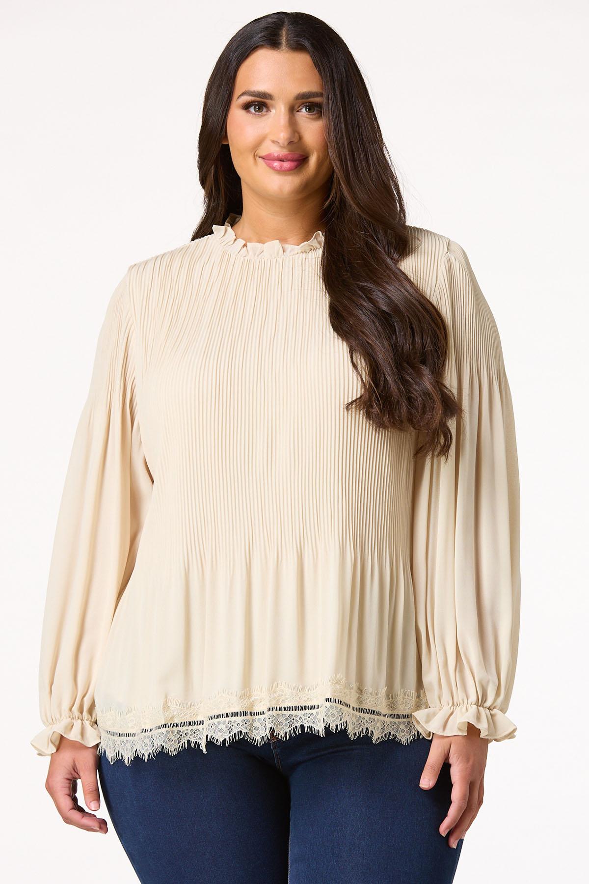 Plus Size Pleated Lace Trim Top