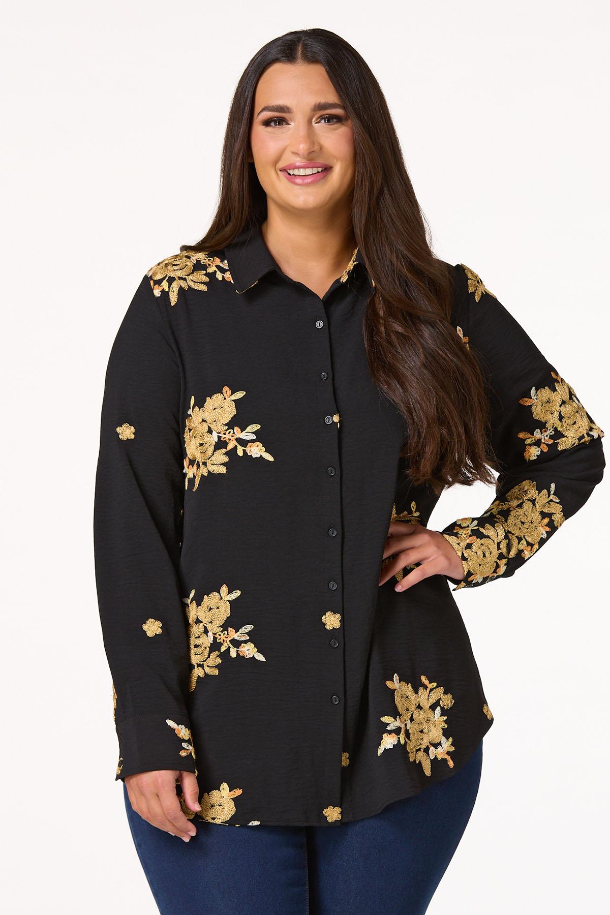 Plus Size Golden Floral Embroidered Top