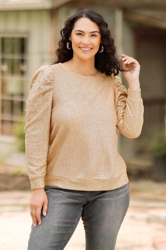 Plus Size Textured Gold Rhinestone Sleeve Sweater