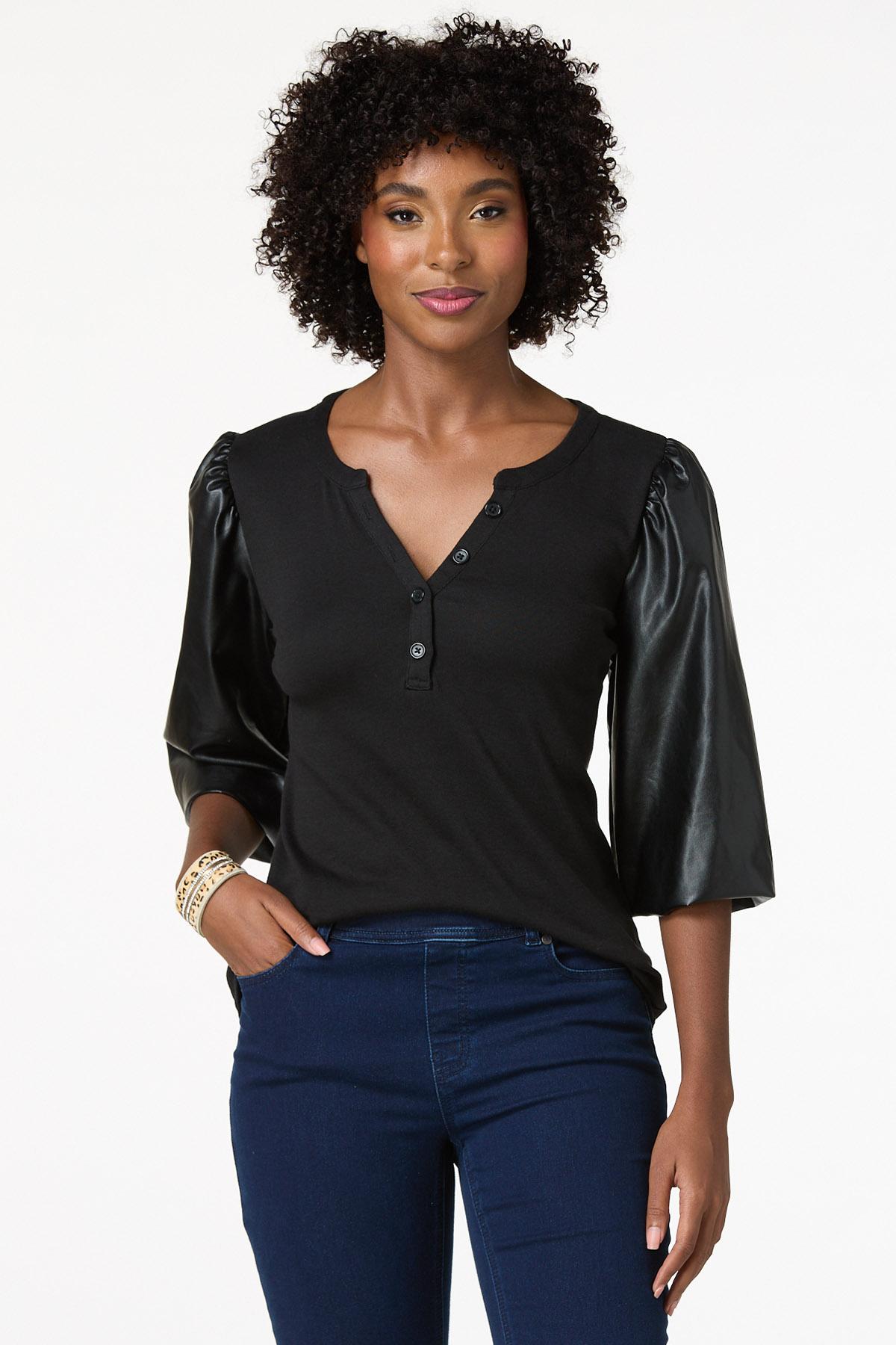 Faux Leather Puff Sleeve Henley Top