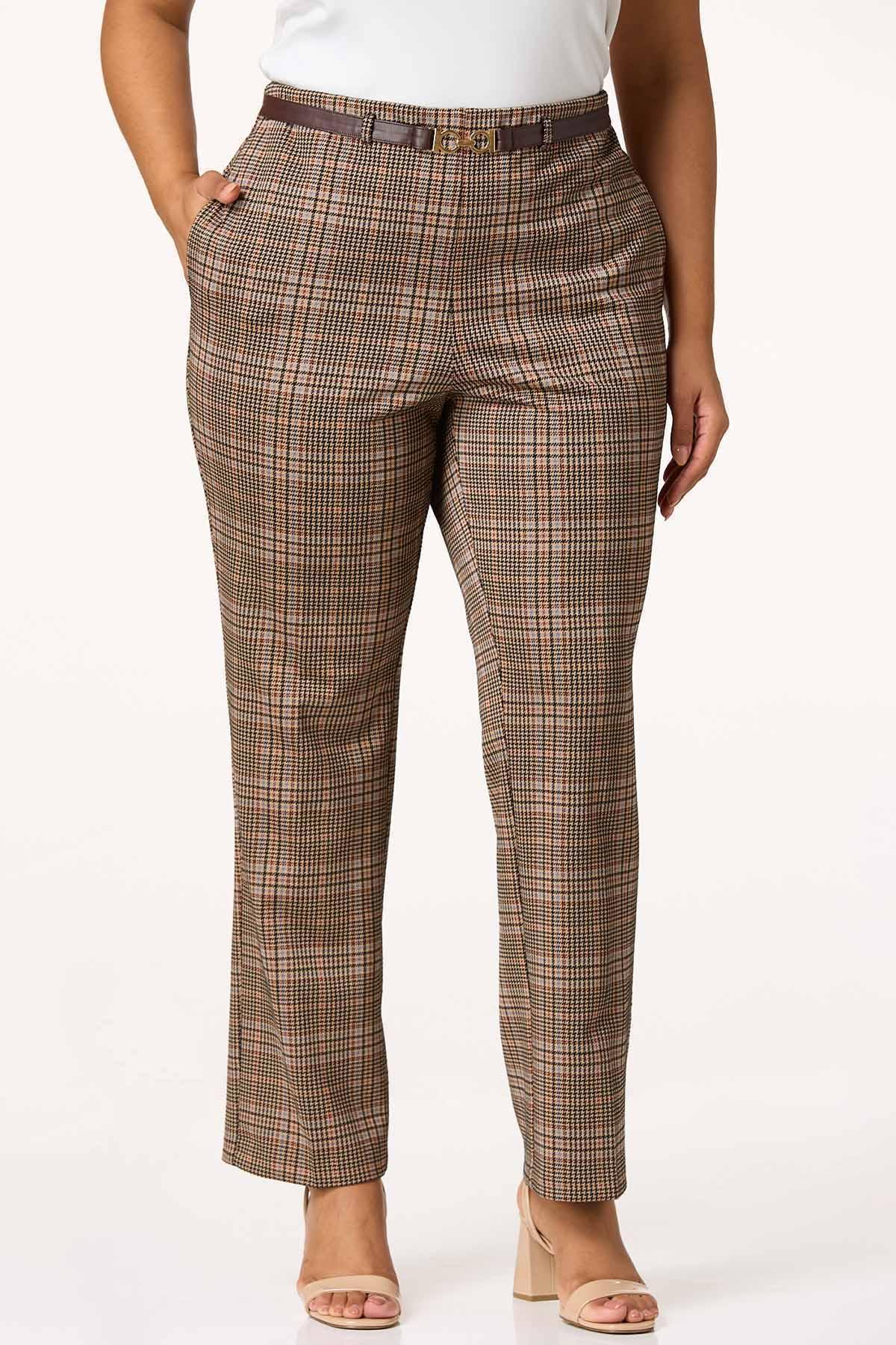 Plus Size Houndstooth Faux Leather Trim Pants