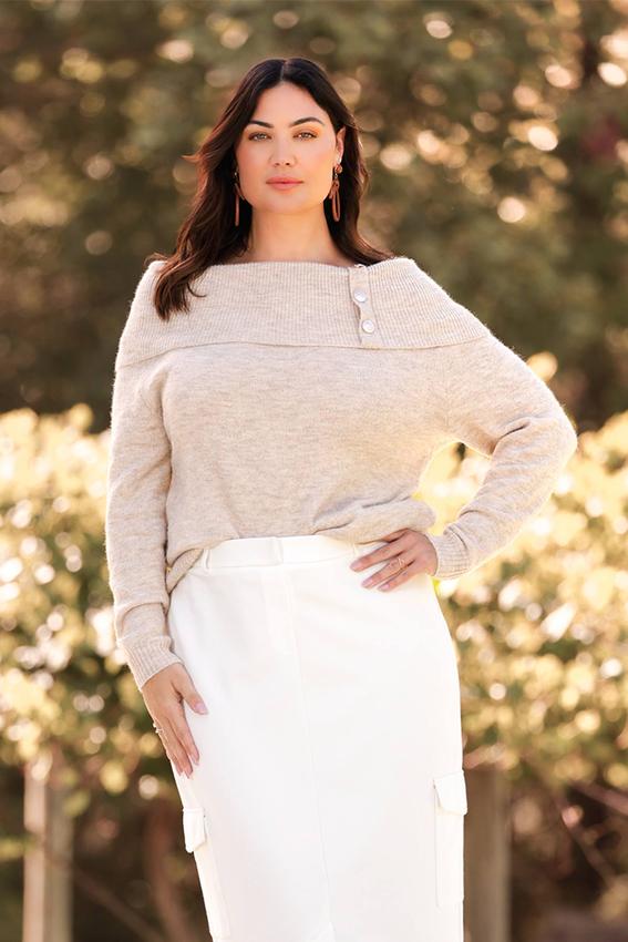 Plus Size Oatmeal Off Shoulder Tunic Sweater