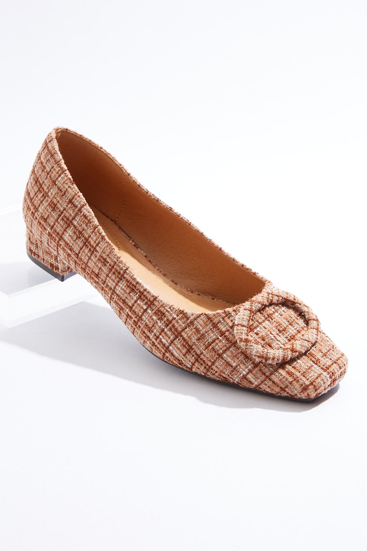 Tweed Square Toe Buckle Flats