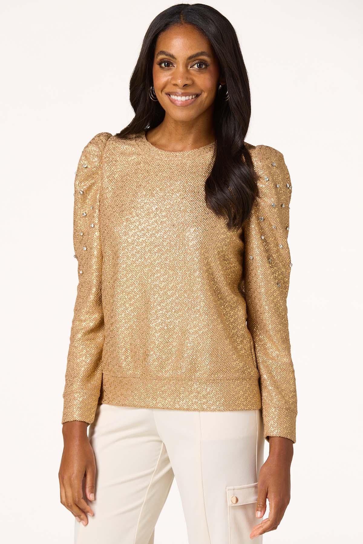 Textured Gold Rhinestone Sleeve Sweater