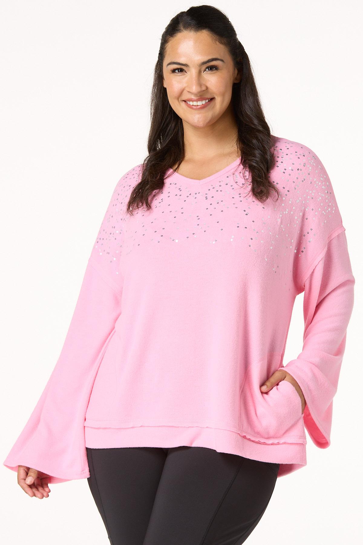 Plus Size Sequin Bell Sleeve Hacci Top