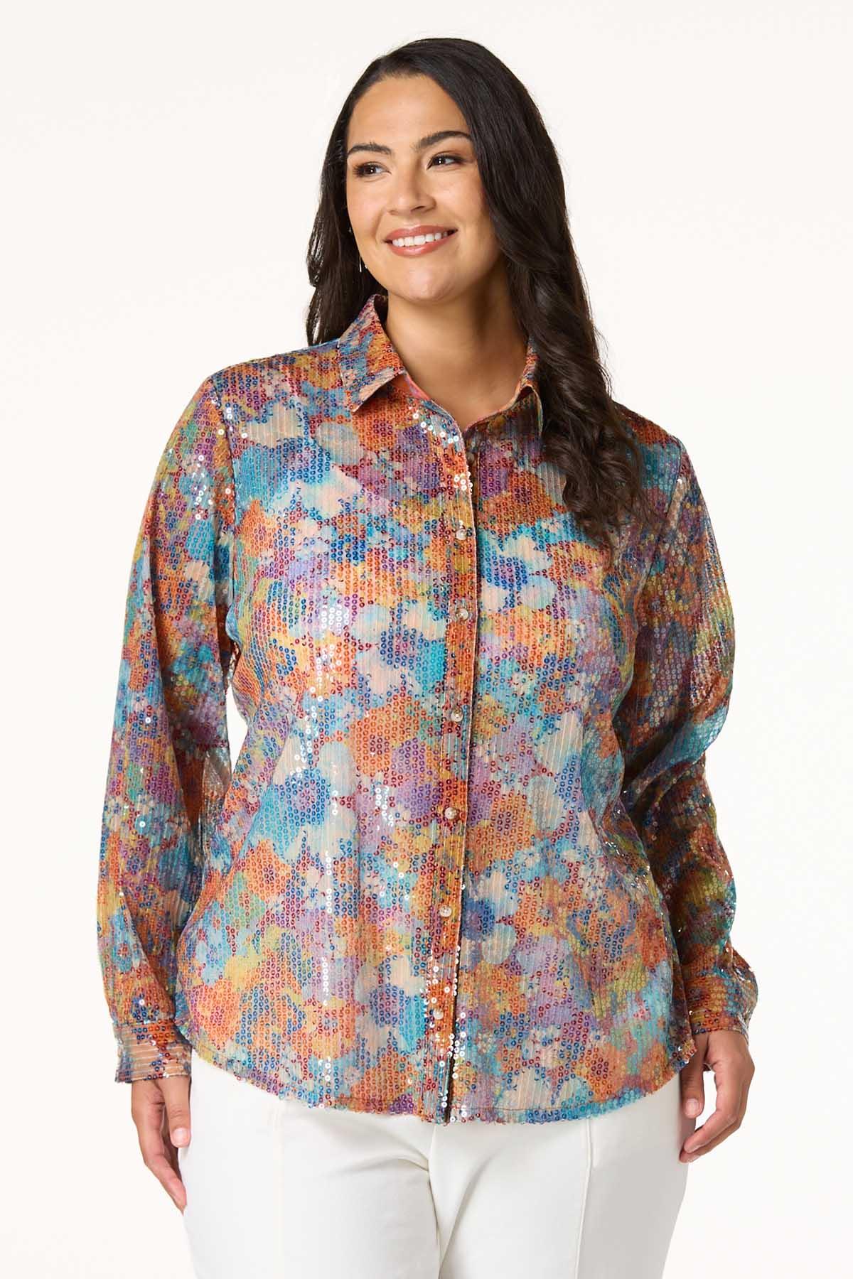 Plus Size Multi Floral Sequin Shirt