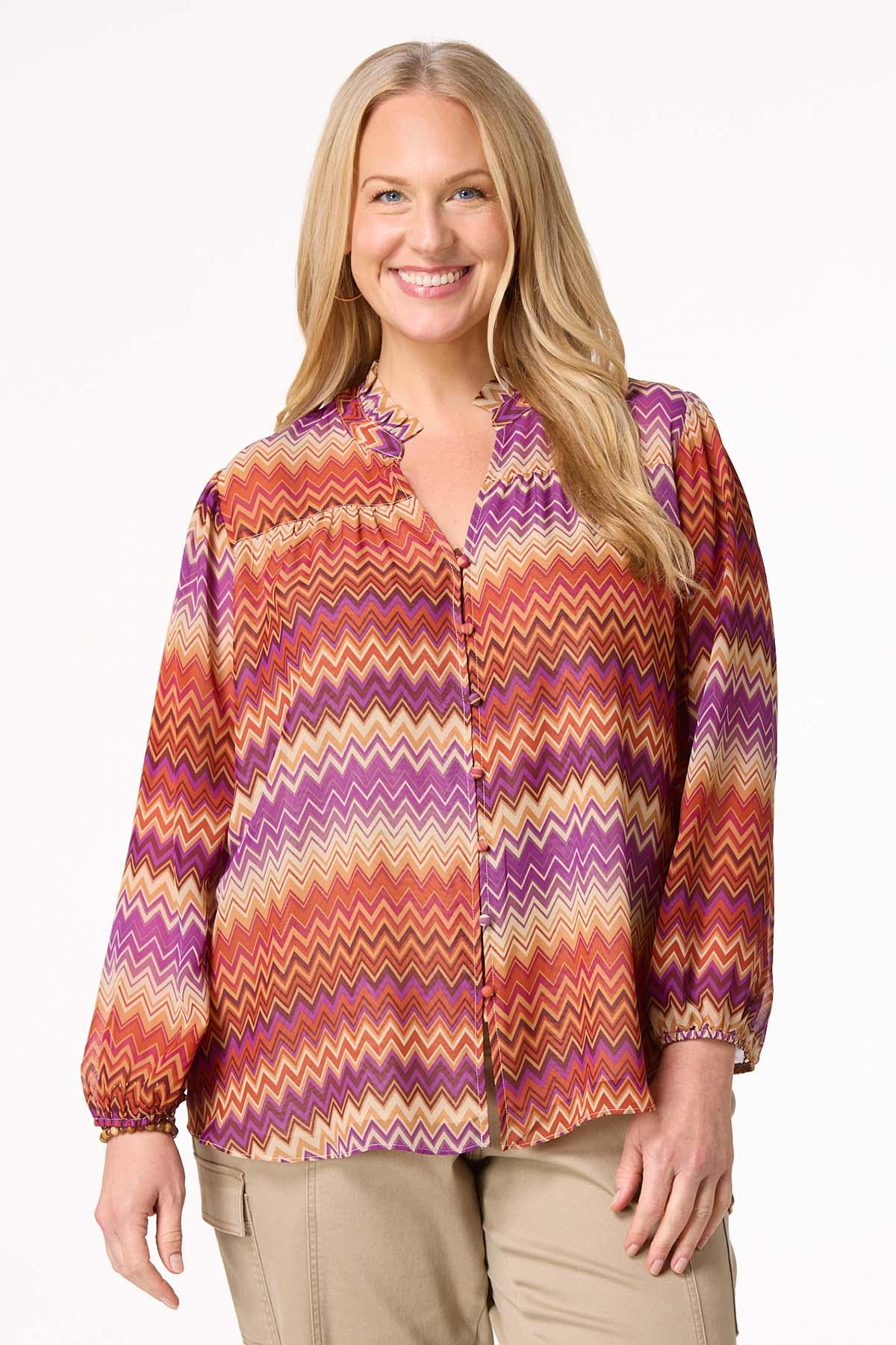 Plus Size Chevron Button Front Top